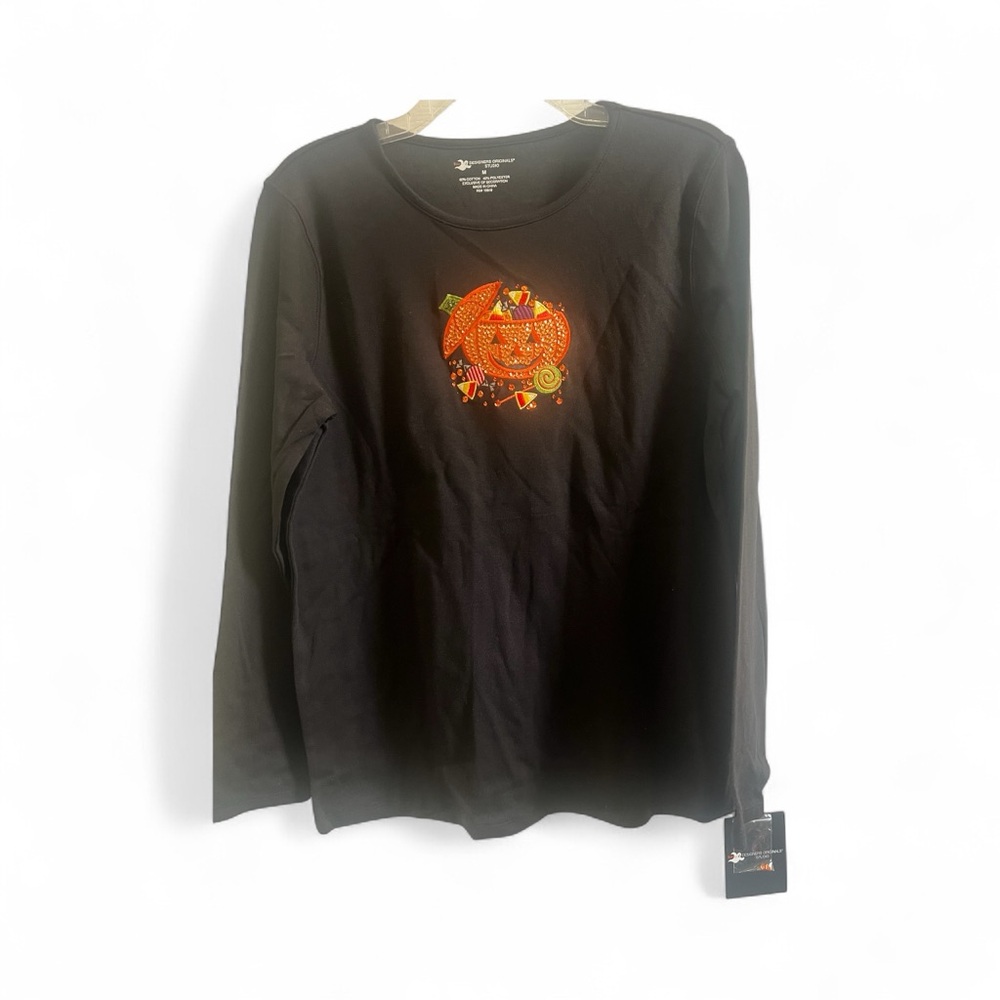 Designers Originals Black Long Sleeve Top with Orange Pumpkin Design‎ - Picture 2 of 6